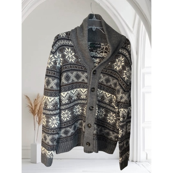 Trisline Italian Shawl Collar Cardigan Sweater Gray Snowflake Wool Blend Mens XL - Picture 1 of 7